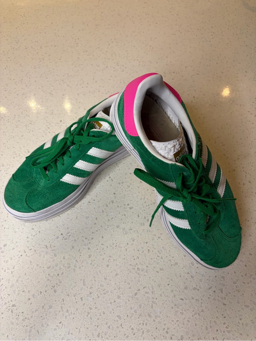 adidas Green Suede Women's Athletic Sneakers with White Stripes and Pink Heel